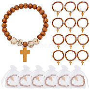 30Pcs 2 Style Natural Wood Round Beaded Stretch Bracelets with Cross Charms for Men Women, Mixed Color, Inner Diameter: 2-1/8 inch(5.5cm), 15Pcs/style(BJEW-AR0001-08)