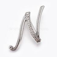 Alloy Brooches, with Rhinestone, Letter, Letter.N, Platinum, 51x42x3.5mm, Pin: 1mm(JEWB-WH0005-01N-P)