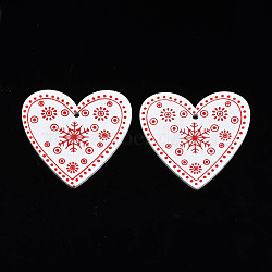 Christmas Theme Spray Painted Wood Pendants, Single-Sided Printed, Heart with Snowflake, White, 48x50x2.5mm, Hole: 2mm(WOOD-N005-54A)