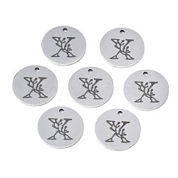 304 Stainless Steel Charms, Laser Cut, Designed Letter Engraved, Flat Round, Stainless Steel Color, Letter.X, 14x1mm, Hole: 1.2mm(STAS-T059-26P-X)