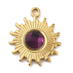 Real 18K Gold Plated 304 Stainless Steel Pendants, with Glass, Sun Charms, Purple, 19x16x3.5~4.5mm, Hole: 1.6mm(STAS-A084-21G-02)