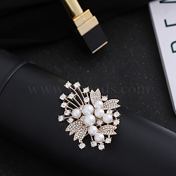 Imitation Pearl Alloy Brooch, with Crystal Rhinestone, Flower, 70x50mm(PW-WG21397-01)