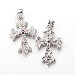 Cross Brass Micro Pave Cubic Zirconia Pendants, Lead Free & Nickel Free, Platinum, 25x17x3mm, Hole: 3x4mm(ZIRC-I014-15P-FF)