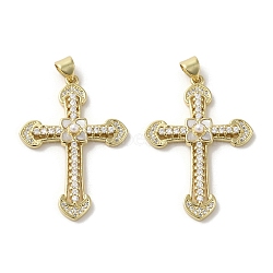 Brass Pave Shell Pendants, Religion Cross Charms with ABS Imitation Pearl, Real 18K Gold Plated, Cross, 36x25x5mm, Hole: 3.5x4mm(KK-I708-17A-G)