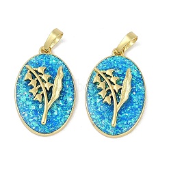 Rack Plating Brass Pendants, with Synthetic Opal, Long-Lasting Plated, Lead Free & Cadmium Free, Real 18K Gold Plated, Oval with May Bell, Deep Sky Blue, 25.5x16x4.5mm, Hole: 5.5x3mm(KK-U032-91G-01)