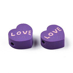 Handmade Polymer Clay Beads, Heart with Word Love, Dark Slate Blue, 9~10x9.5~10.5x4~4.5mm, Hole: 1.6mm(CLAY-N010-084B-06)