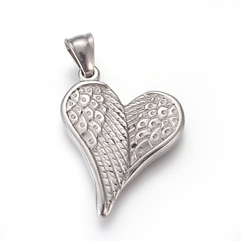 304 Stainless Steel Pendants with 201 Stainless Steel Clasp, Heart with Wing, Stainless Steel Color, 35.5x27.5x3.5mm, Hole: 4.5x7mm