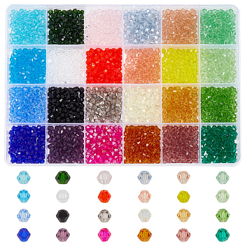 Elite 2400Pcs 24 Style Faceted Bicone Glass Beads Strands, Transparent & Imitate Austrian Crystal, Mixed Color, 4x4mm, Hole: 1mm, 100pcs/style