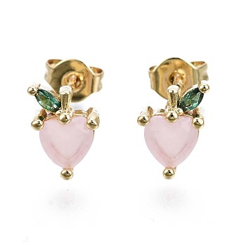Brass Micro Pave Cubic Zirconia Stud Earrings, with Cat Eye and Ear Nuts, Cadmium Free & Nickel Free & Lead Free, Heart, Pink, Real 16K Gold Plated, 8x6mm, Pin: 0.7mm