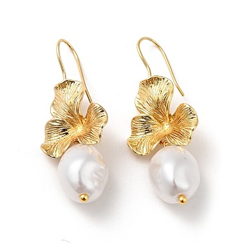 ABS Imitation Pearl Flower Dangle Earrings, Rack Plating Brass Jewelry for Women, Real 18K Gold Plated, 44~45mm, Pin: 1mm
