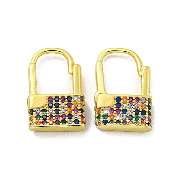 Brass Micro Pave Cubic Zirconia Hoop Earring, Real 18K Gold Plated. Lock, Colorful, 15x4mm