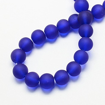 Transparent Glass Bead Strands, Frosted, Round, Blue, 10mm, Hole: 1.3~1.6mm, about 80pcs/strand, 31.4 inch