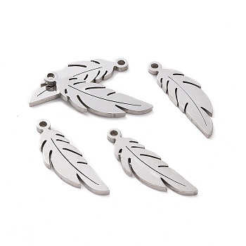 201 Stainless Steel Pendants, Feather, Stainless Steel Color, 6.5x22x1mm, Hole:1.2mm