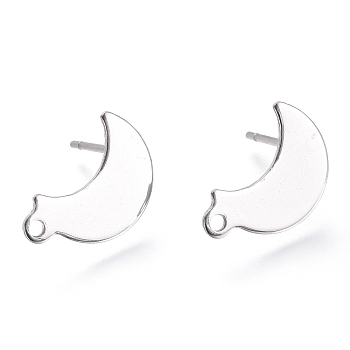 304 Stainless Steel Stud Earring Findings, Moon, Stainless Steel Color, 14.5x9.5x0.8mm, Hole: 1.4mm, Pin: 0.8mm