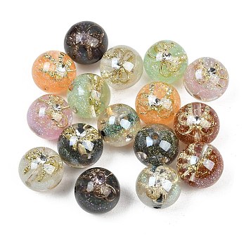 Transparent Resin Alloy Beads, Glitter Powder Beads, Round with Bowknot, Gold, Mixed Color, 16mm, Hole: 2mm