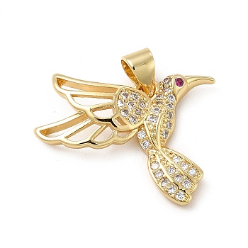 Rack Plating Brass Micro Pave Cubic Zirconia Pendants, Cadmium Free & Lead Free, Real 18K Gold Plated, Bird Charm, Clear, 17.5x23.5x3mm, Hole: 5x3.5mm