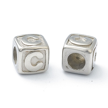 304 Stainless Steel European Beads, Large Hole Beads, Horizontal Hole, Cube with Letter, Stainless Steel Color, Letter.C, 8x8x8mm, Hole: 4mm