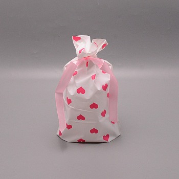 Plastic Pouches, Ribbon Drawstring Bags, Rectangle with Heart Pattern, Pink, 23x15x0.08cm