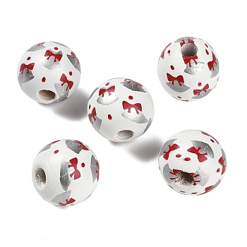 Christmas Printed Schima Wood European Beads, White, Round, Christmas Bell, 16x15mm, Hole: 4mm