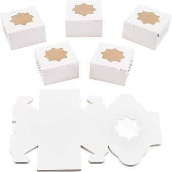 SUPERFINDINGS Individual Kraft Paper Cake Box, Bakery Single Cupcake Packing Box, Square with Octagonal-shaped Clear Window, White, 100x100x65mm