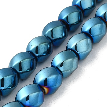 Electroplated Non-Magnetic Synthetic Hematite Beads Strands, Long-Lasting Plated, Twist Oval, Blue Plated, 12~12.5x11.5~12mm, Hole: 1mm, about 33pcs/strand, 16.14''(41cm)
