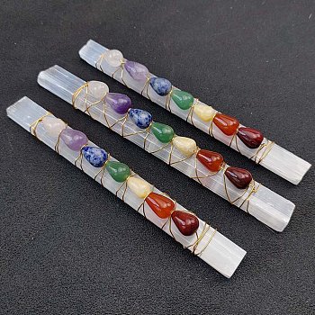 Chakra Jewelry, Natural Selenite Home Decorations, Brass Wire Wrapped Teardrop Natural Gemstone Display Decorations, Rectangle, 130~160x12~25mm