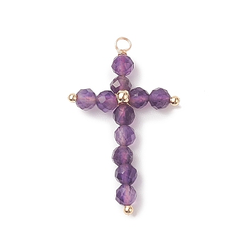 Natural Amethyst Faceted Round Copper Wire Wrapped Pendants, Cross Charms, Light Gold, 38x23x5mm, Hole: 2.5mm