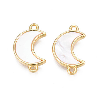 Brass Connector Charms, with Natural Shell, Real 18K Gold Plated, Moon, Creamy White, 16.5x10x2mm, Hole: 1.2mm