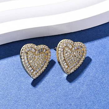 Brass Micro Pave Cubic Zirconia Heart Stud Earrings, Pave Cluster Earring, Long-Lasting Plated, Rack Plating, Golden, Clear, 15.5x16mm