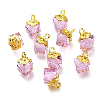 Transparent Glass Pendants, with Golden Tone Alloy Findings, Rhombus, Pink, 15x9.5x11.5mm, Hole: 2mm