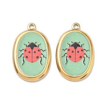 304 Stainless Steel Enamel Pendants, Oval with Insect Charms, Ion Plating(IP), Real 18K Gold Plated, Dark Sea Green, 28.5x18x3mm, Hole: 2mm
