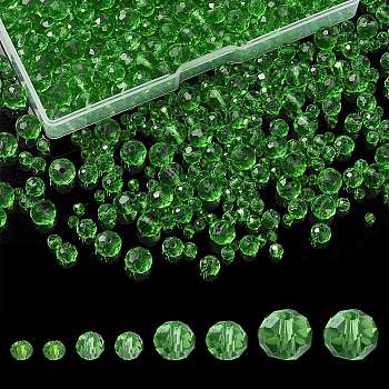 8 Strands 4 Size Transparent Glass Beads Strands, Faceted, Rondelle, Lime Green, 3~8x2~6mm, hole: 0.4~1mm, 65~155Pcs/strand, 15~16.9 inch(38~43cm), 2 Strands/size