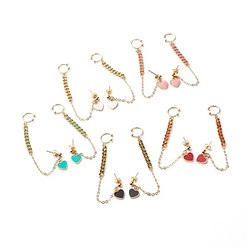 Heart Alloy Enamel Dangle Earring for Girl Women, 304 Stainless Steel Stud Earrings with Chain Tassel and Cuff Earring Findings, Mixed Color, 107mm, Pin: 1mm