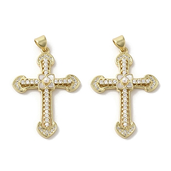 Brass Pave Shell Pendants, Religion Cross Charms with ABS Imitation Pearl, Real 18K Gold Plated, Cross, 36x25x5mm, Hole: 3.5x4mm