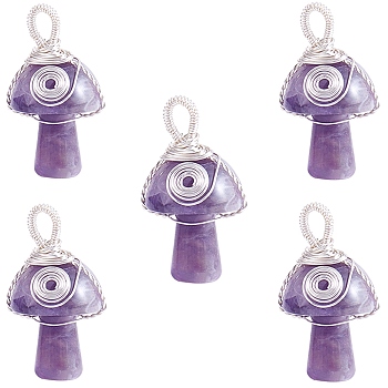 Natural Amethyst Pendants, Mushroom Charms, with Silver Color Plated Copper Wire Wrapped, 30x15x16mm, Hole: 5mm