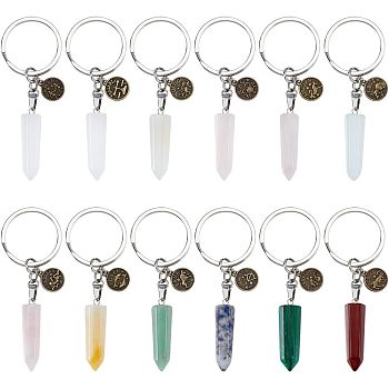 CHGCRAFT 12Pcs Mixed Gemstone Keychain, with Alloy Pendants, Iron Split Key Rings and 304 Stainless Steel Jump Rings, 8.4cm, 12pcs/set