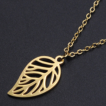 201 Stainless Steel Pendants Necklaces, with Cable Chains and Lobster Claw Clasps, Leaf, Golden, 17.71 inch(45cm), 1.5mm