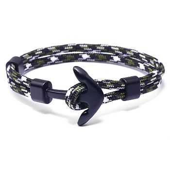 Polyester Cord Multi-strand Bracelets, with Alloy Anchor Clasps, Gunmetal, Dark Green, 21cm