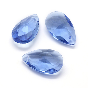 Faceted Glass Pendants, Teardrop, Royal Blue, 22x13x8.5mm, Hole: 1mm
