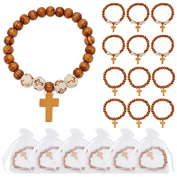 30Pcs 2 Style Natural Wood Round Beaded Stretch Bracelets with Cross Charms for Men Women, Mixed Color, Inner Diameter: 2-1/8 inch(5.5cm), 15Pcs/style