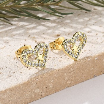 Brass Stud Earrings, with Clear Cubic Zirconia and Ear Nuts, Real 18K Gold Plated, Heart, 10x12mm