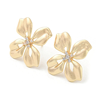 Brass with Glass Stud Earrings Findings, with Loops, Flower, Real 18K Gold Plated, 23x23mm, Hole: 1.2mm, Pin: 11x0.7mm