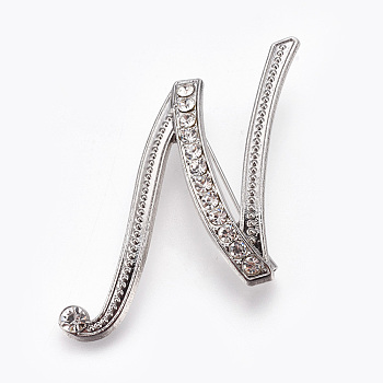 Alloy Brooches, with Rhinestone, Letter, Letter.N, Platinum, 51x42x3.5mm, Pin: 1mm