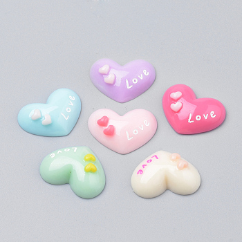 Resin Cabochons, Heart with Word Love, Valentine's Day Jewelry Making, Mixed Color, 16.5x21~22x6.5mm