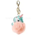 Imitation Rex Rabbit Fur Ball & PU Leather Unicorn Pendant Keychain, with Alloy Clasp, for Bag Car Pendant Decoration, Light Salmon, 17.5cm(KEYC-K018-01KCG-03)