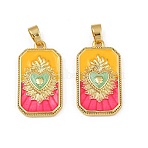 Brass Enamel Pendants, Long-Lasting Plated, Lead Free & Cadmium Free, Rack Plating, Golden, Rectangle with Sacred Heart Heart Charms, Colorful, 27.5x15.5x4mm, Hole: 5.5x3.5mm(KK-L190-008G-03)