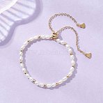 Natural Cultured Freshwater & Brass Beaded Slider Bracelets, 304 Brass Cable Chains Bracelets for Women, Rice, Creamy White, Real 18K Gold Plated, 11.26 inch(28.6cm)(BJEW-JB13324-02)