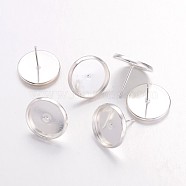 Brass Ear Studs Settings, Cadmium Free & Lead Free, Silver, Tray: 12mm, 12mm, Pin: 0.7mm(IFIN-Q005-S-NR)
