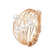 Copper Wire Wrapped Finger Rings, Round ABS Imitaiton Pearl Rings for Women, Light Gold, 16mm, Inner Diameter: 18mm(RJEW-JR00684)