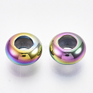 Ion Plating(IP) 201 Stainless Steel Beads, with Rubber Inside, Slider Beads, Stopper Beads, Rondelle, Rainbow Color, 8x4mm, Hole: 4mm, Rubber Hole: 2mm(STAS-N087-17)